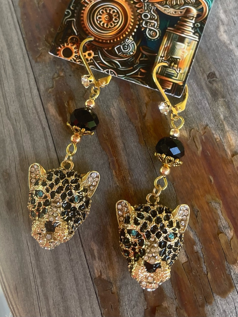 Hand Crafted Gold Leopard Head Drop Earrings with Black and Green Accents - Picture 3 of 8